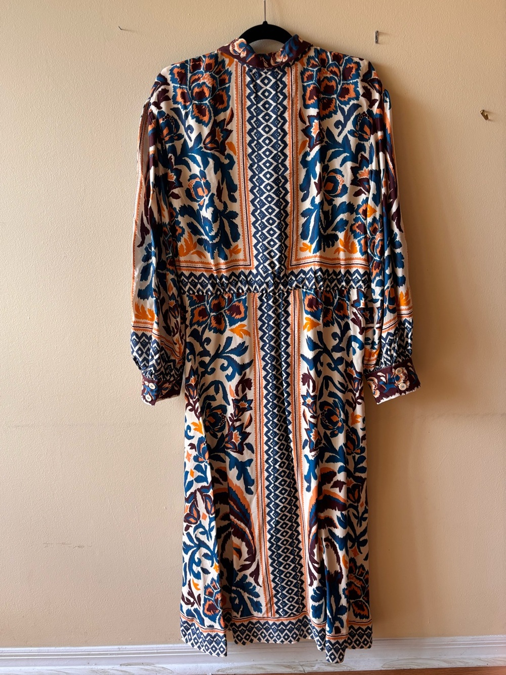 FARM Rio Long Sleeve Floral Print Dress in Blue, Brown, Orange, Cream - Picture 3 of 15
